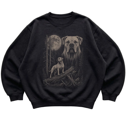 American Bulldog Moonlit Forest graphic on a black crewneck sweatshirt laid flat