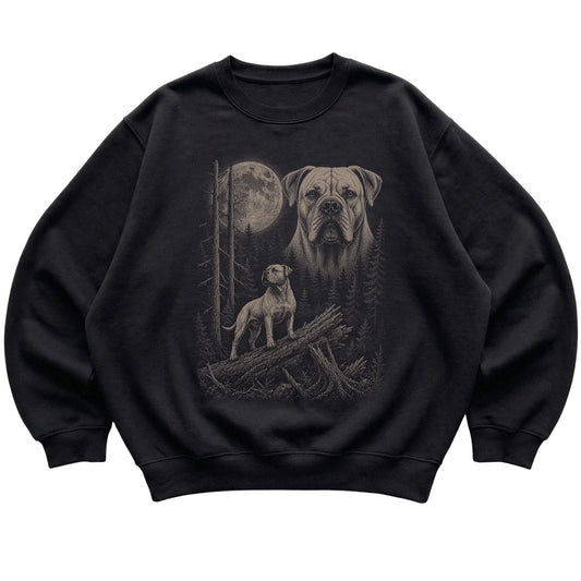 American Bulldog Moonlit Forest graphic on a black crewneck sweatshirt laid flat