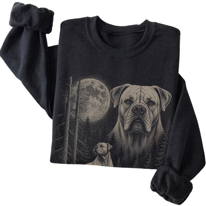 Folded black crewneck sweatshirt showing the American Bulldog Moonlit Forest graphic