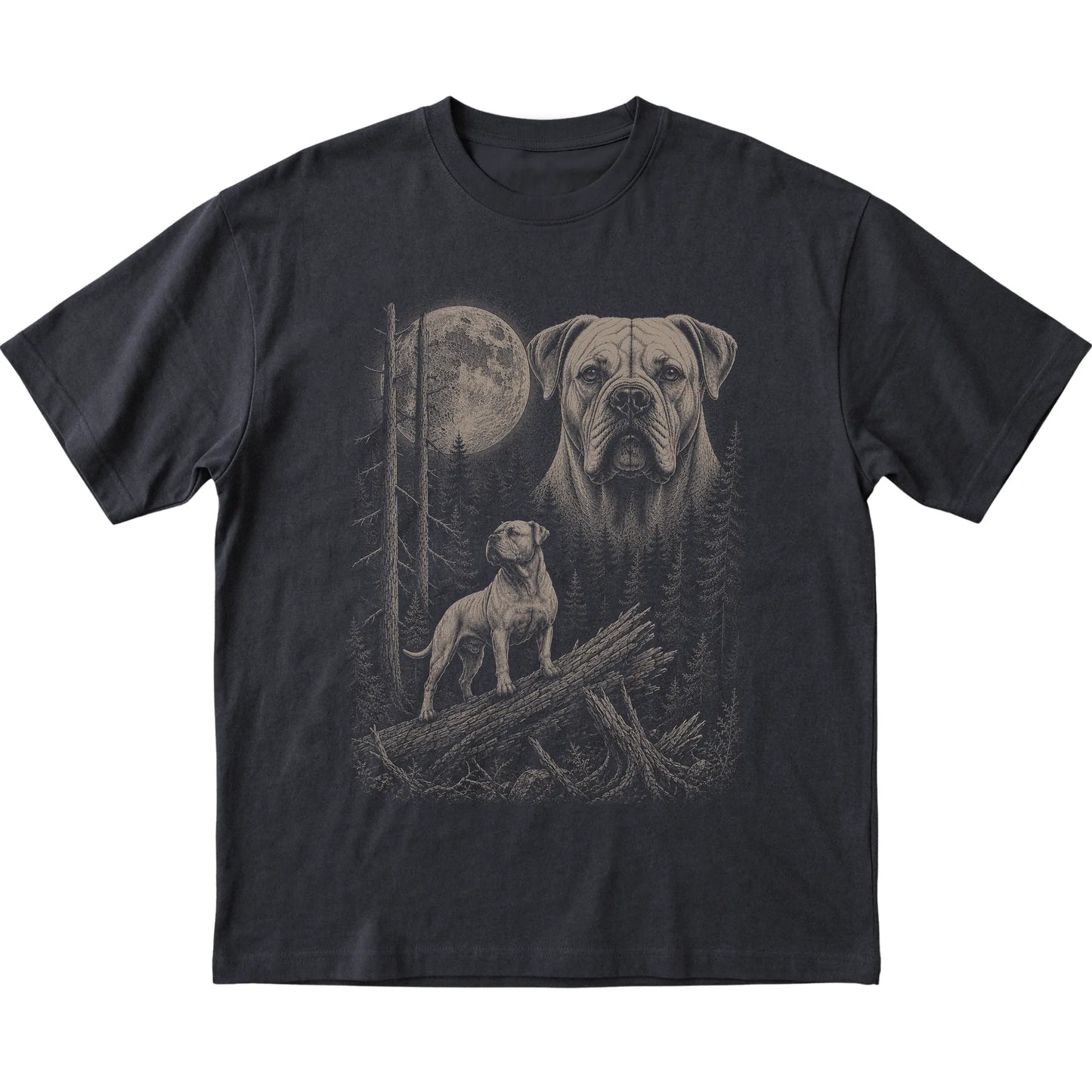 American Bulldog Moonlit Forest graphic on a black Softstyle T-shirt laid flat