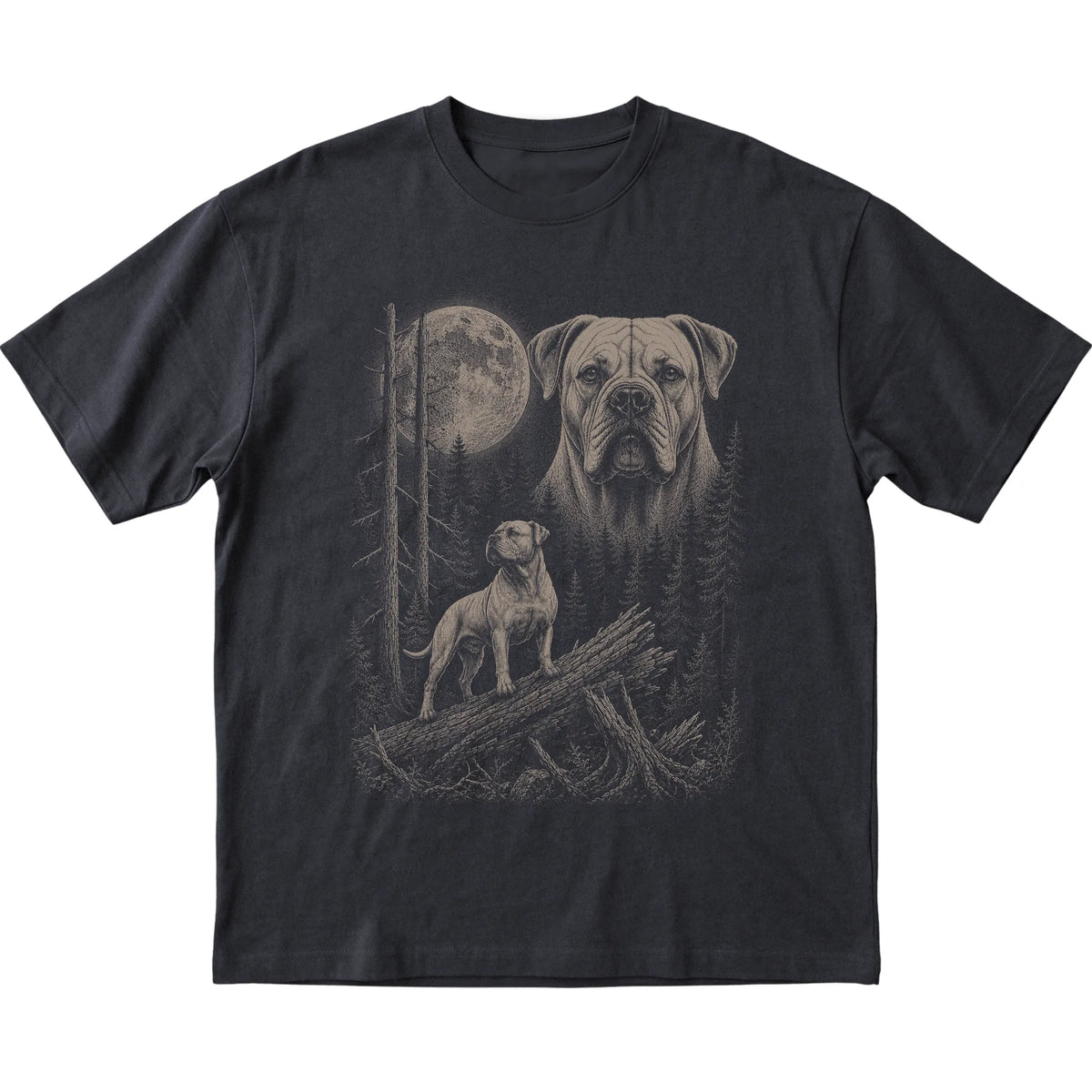 American Bulldog Moonlit Forest graphic on a black Softstyle T-shirt laid flat