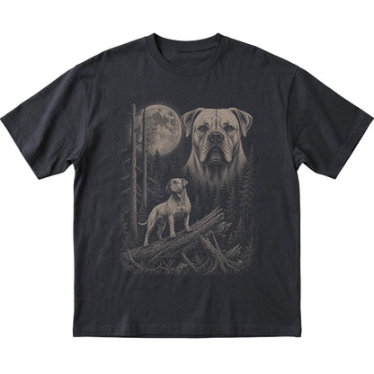 American Bulldog Moonlit Forest graphic on a black Softstyle T-shirt laid flat