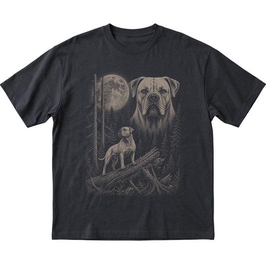 American Bulldog Moonlit Forest graphic on a black Softstyle T-shirt laid flat