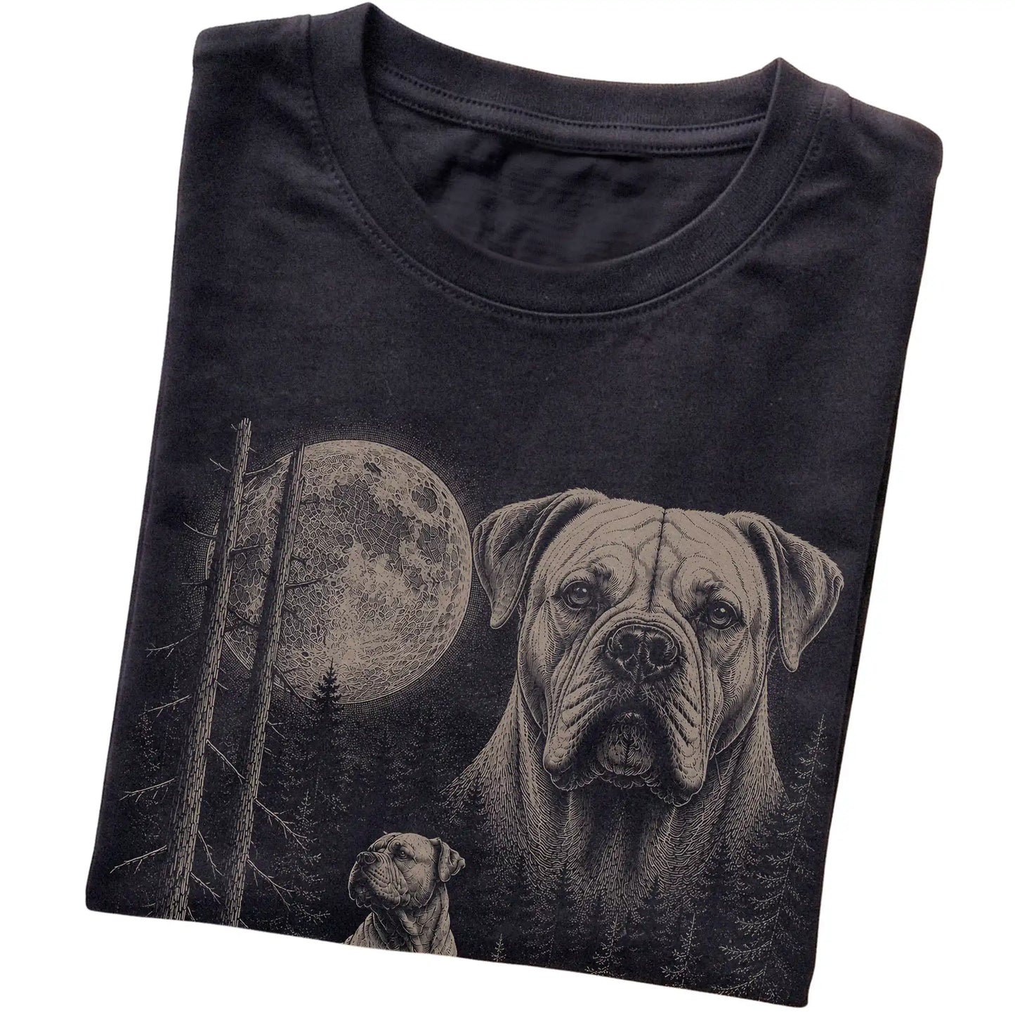 Folded black Softstyle T-shirt showing the American Bulldog Moonlit Forest graphic