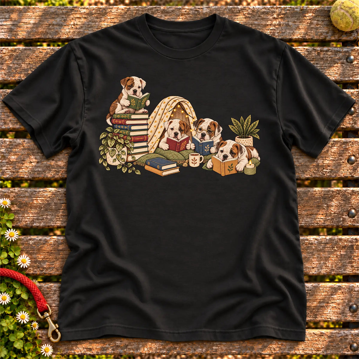 American Bulldog puppies reading books in a cozy blanket fort on a Black T-shirt