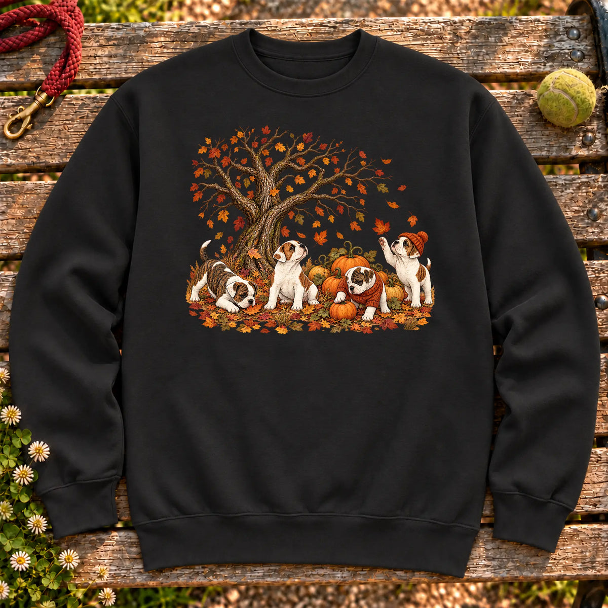 Four American Bulldog puppies with pumpkins beneath an autumn tree on a Black crewneck sweatshirt