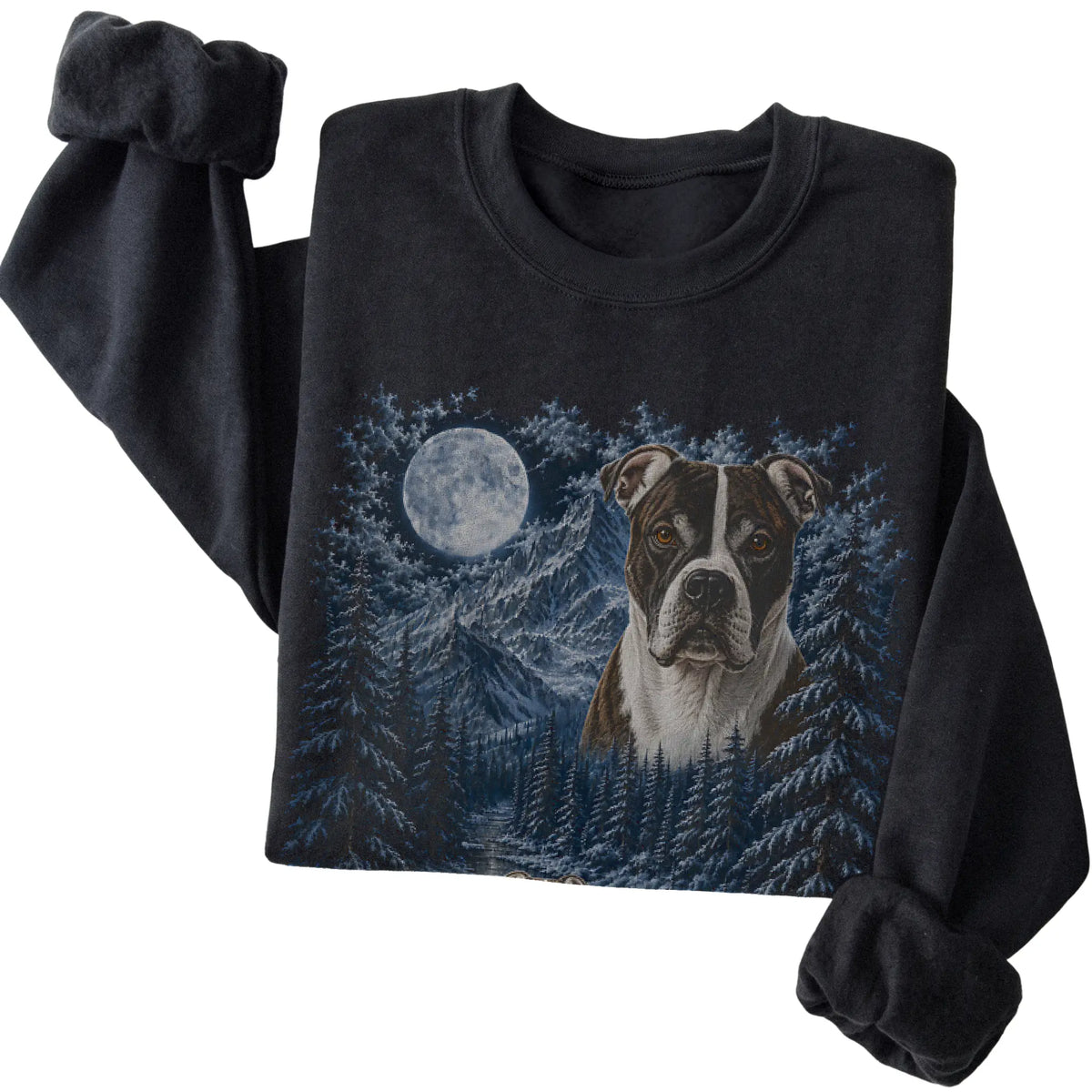 Folded black sweatshirt with American Bulldog Winter Moon artwork.