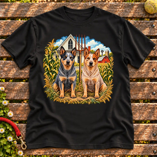 American Dogthic Blue Heeler farmhouse design on a Black Gildan® Softstyle T-shirt