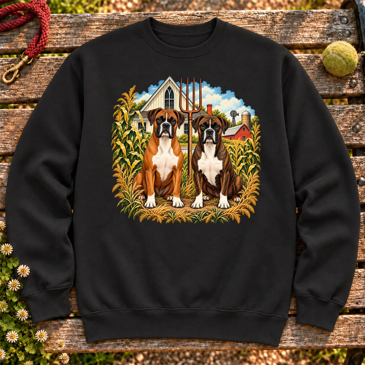 American Dogthic Boxer farmhouse design on a Black Gildan® Heavy Blend sweatshirt