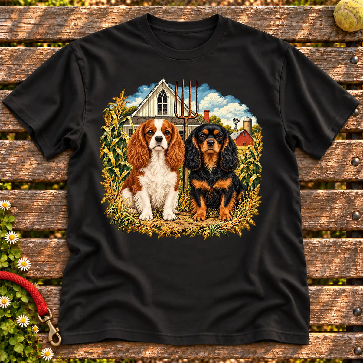 American Dogthic Cavalier King Charles Spaniel farmhouse design on a Black Gildan® Softstyle T-shirt
