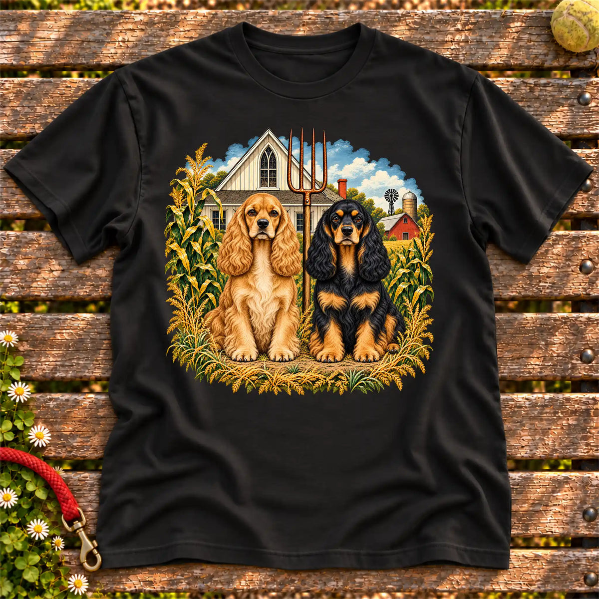 American Dogthic Cocker Spaniel farmhouse design on a Black Gildan® Softstyle T-shirt