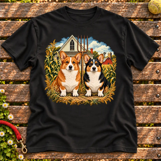 American Dogthic Corgi farmhouse design on a Black Gildan® Softstyle T-shirt