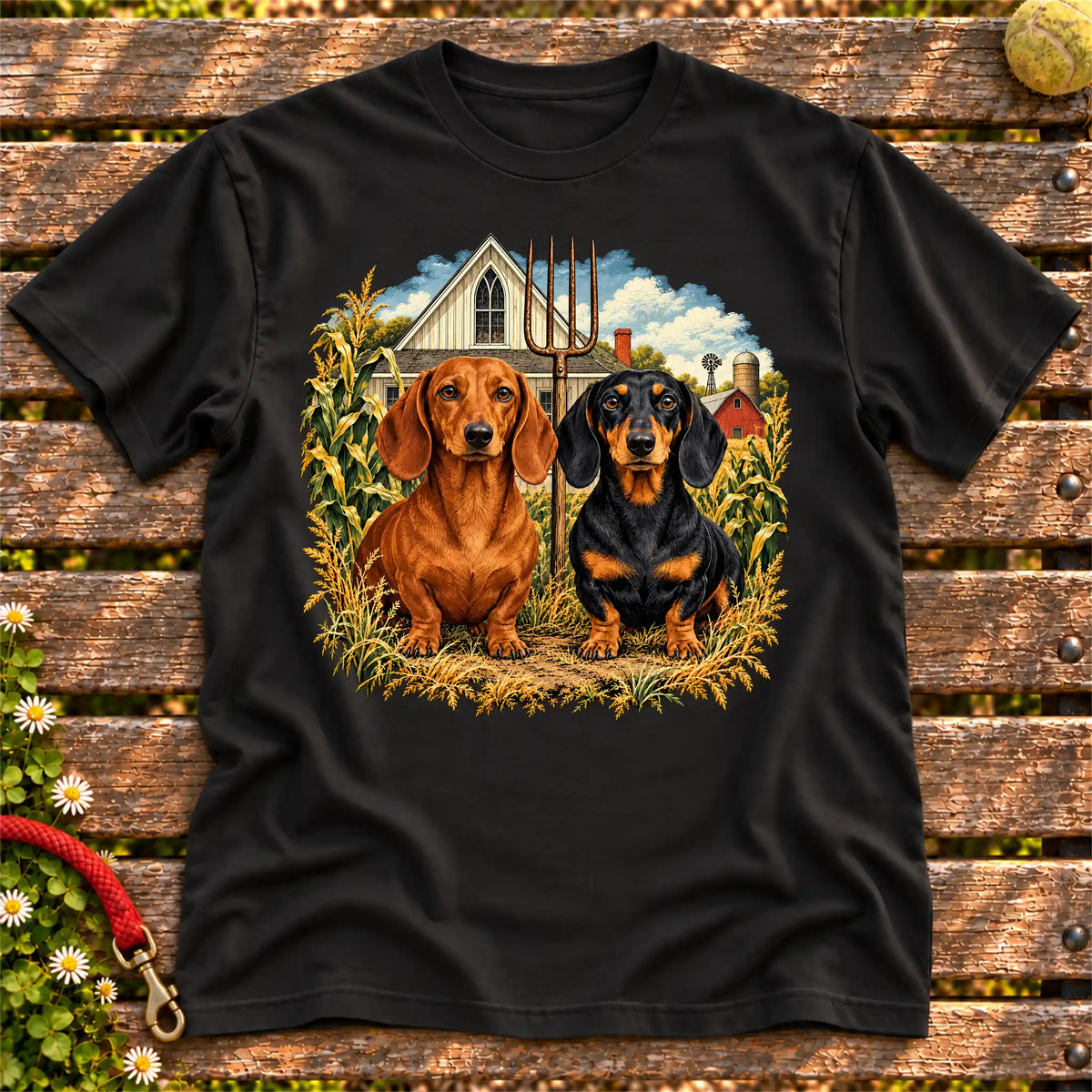 American Dogthic Dachshund farmhouse design on a Black Gildan® Softstyle T-shirt