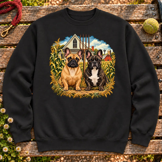 American Dogthic French Bulldog farmhouse design on a Black Gildan® Heavy Blend sweatshirt