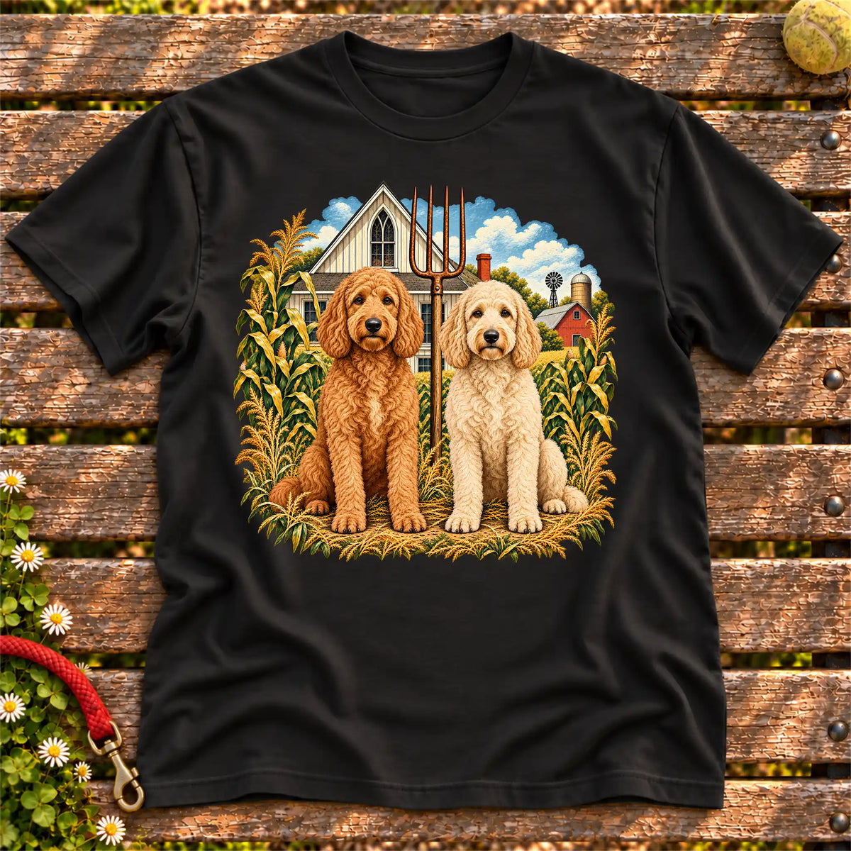 American Dogthic Goldendoodle farmhouse design on a Black Gildan® Softstyle T-shirt