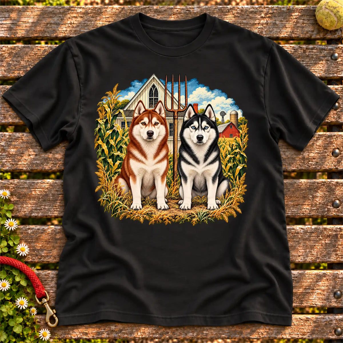 American Dogthic Husky farmhouse design on a Black Gildan® Softstyle T-shirt
