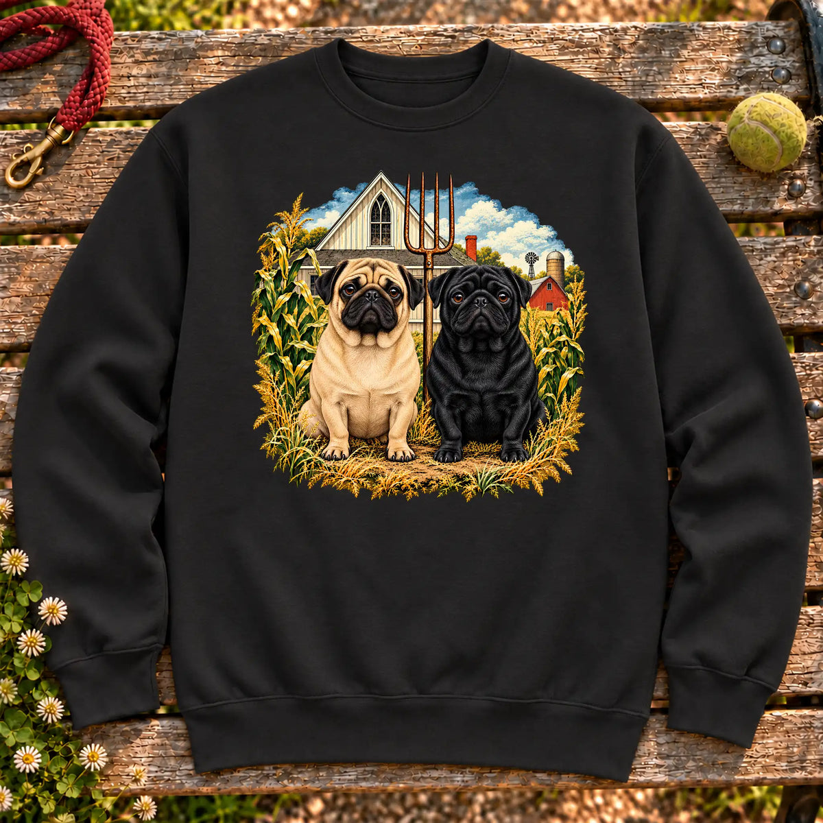 American Dogthic Pug farmhouse design on a Black Gildan® Heavy Blend sweatshirt