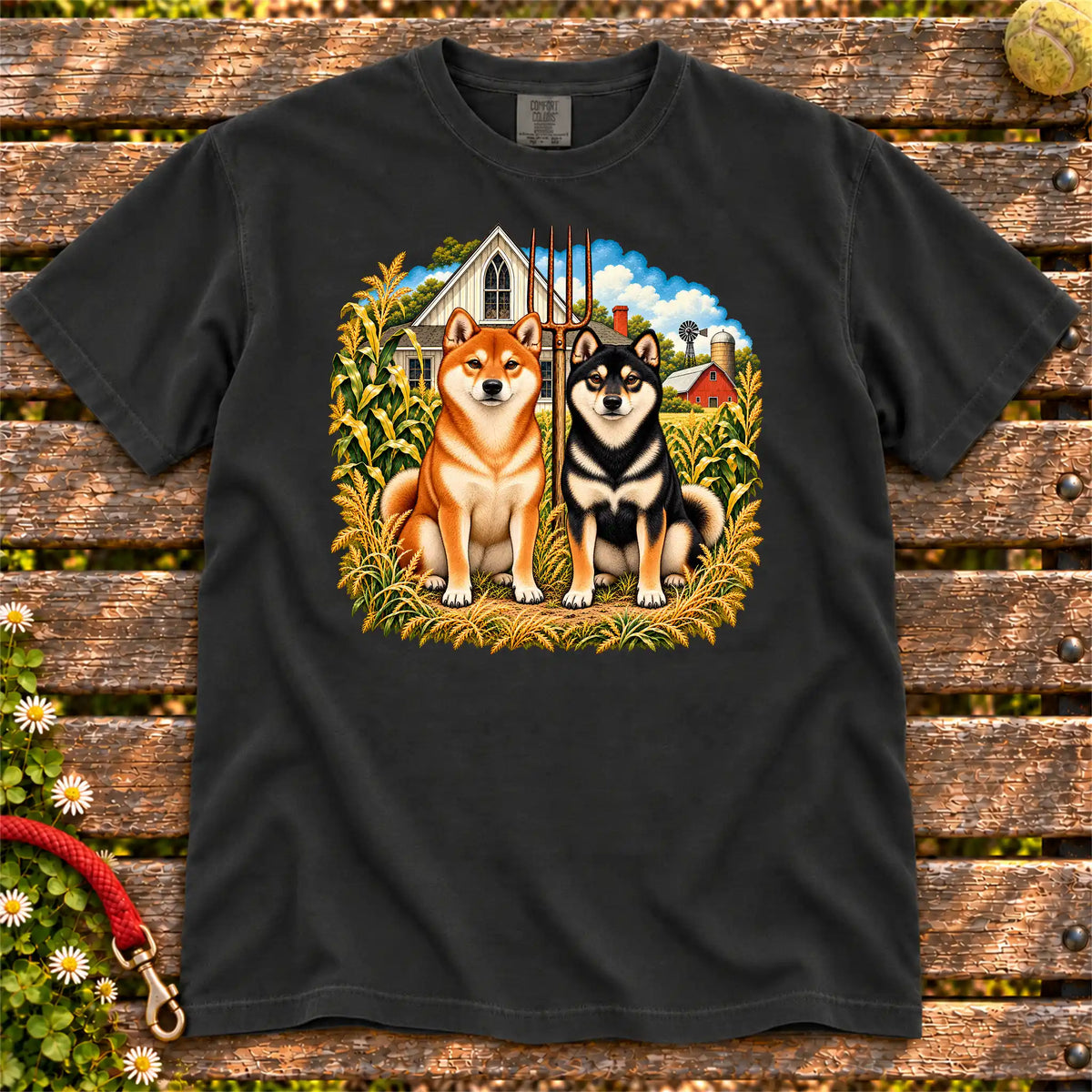 American Dogthic Shiba Inu farmhouse design on a Black Comfort Colors® T-shirt