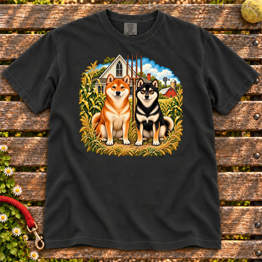 American Dogthic Shiba Inu farmhouse design on a Black Comfort Colors® T-shirt