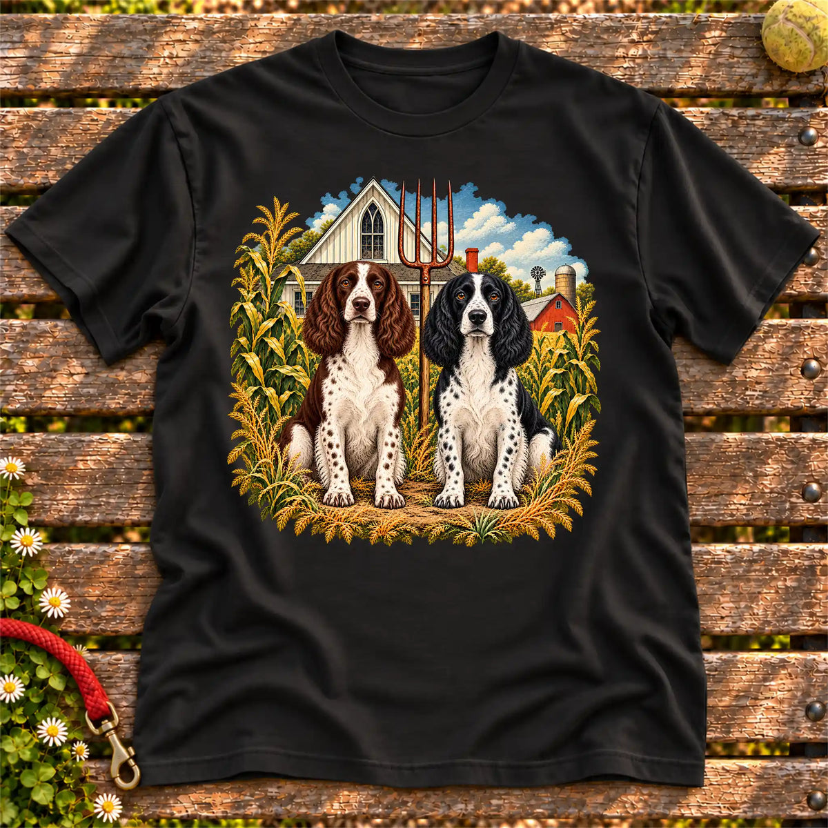 American Dogthic Springer Spaniel farmhouse design on a Black Gildan® Softstyle T-shirt