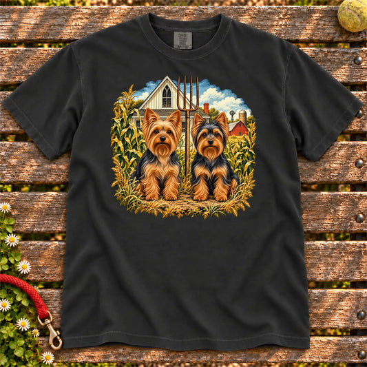 American Dogthic Yorkie farmhouse design on a Black Comfort Colors® T-shirt