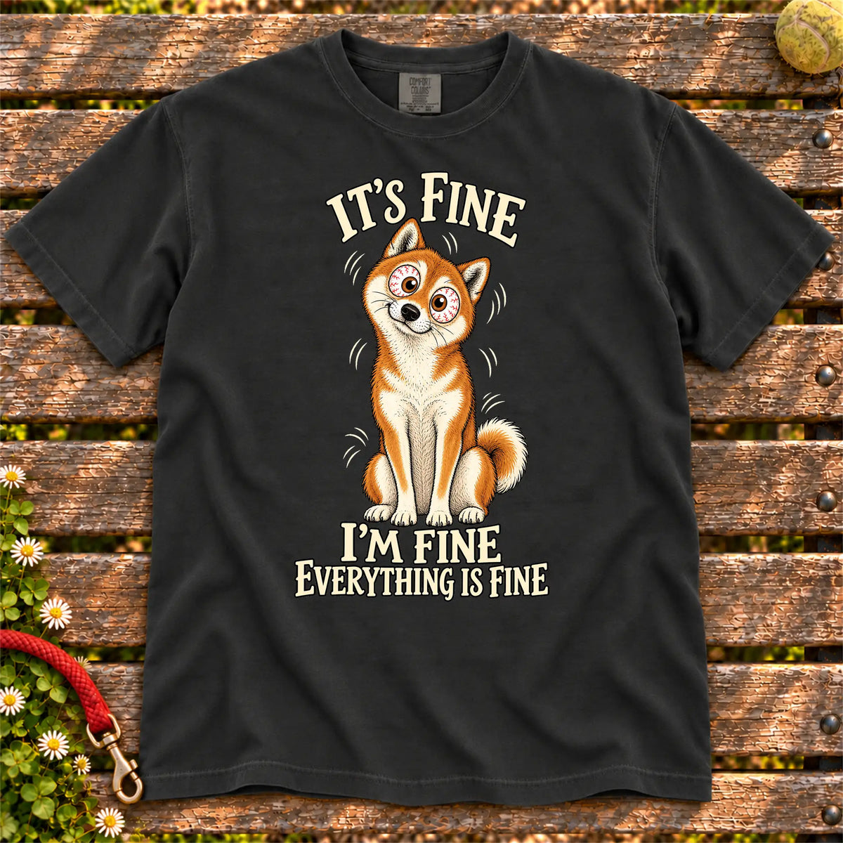 Shiba Inu Everything Is Fine Comfort Colors T-shirt in Black flat lay