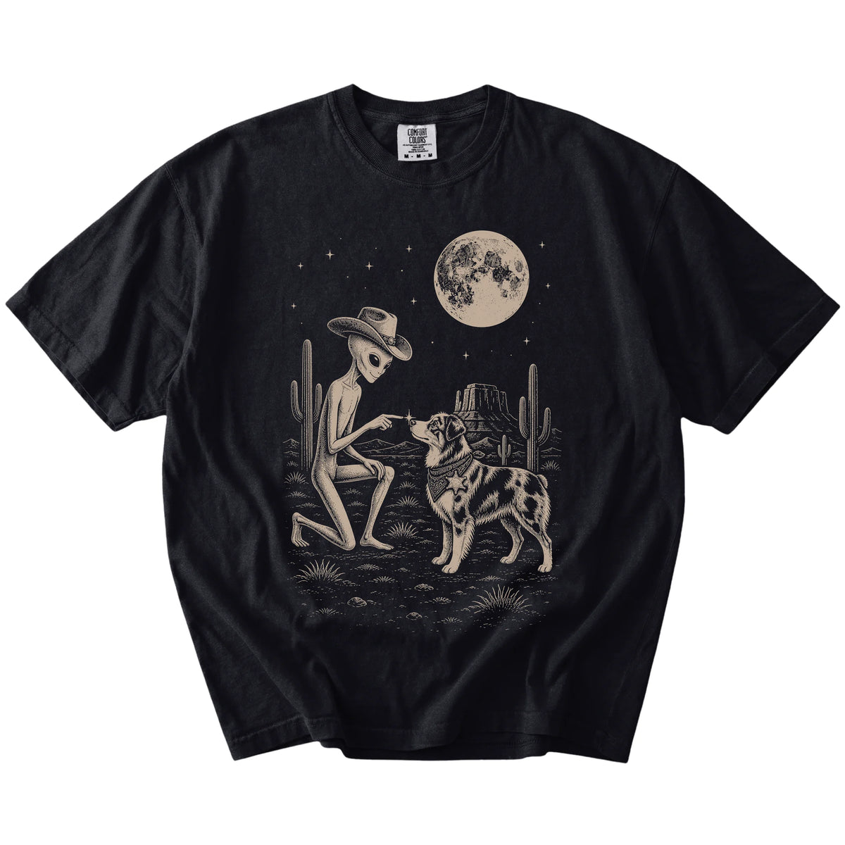 Cowboy alien fist-bumping a Australian Shepherd beneath the moon on a Black Comfort Colors® T-shirt