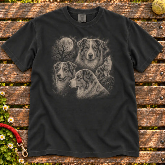 Australian Shepherd 90s Moon design on a Black T-shirt shown flat