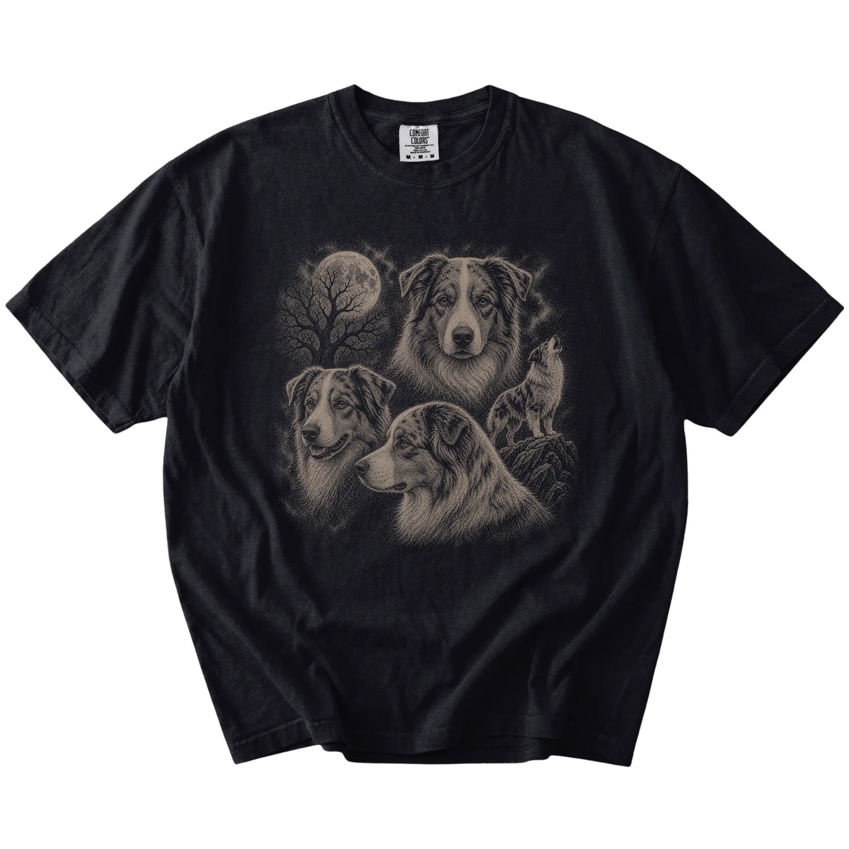 Vintage moon montage featuring Australian Shepherd on a Black Comfort Colors® T-shirt