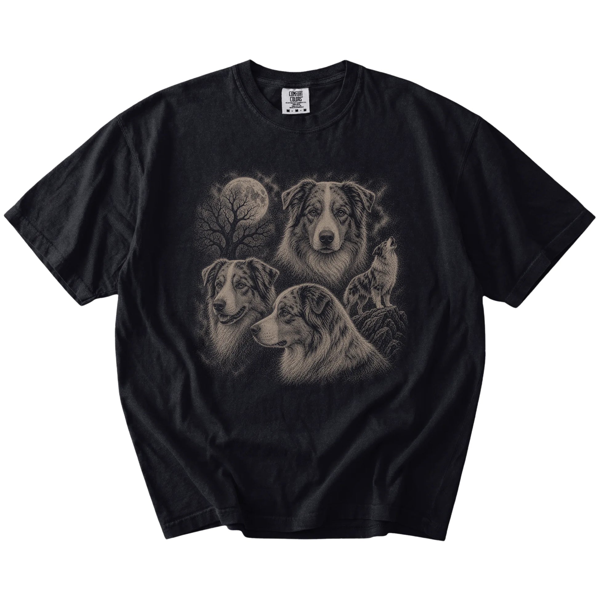 Vintage moon montage featuring Australian Shepherd on a Black Comfort Colors® T-shirt