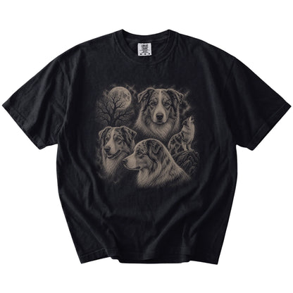 Vintage moon montage featuring Australian Shepherd on a Black Comfort Colors® T-shirt