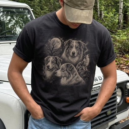 Model wearing a Black Comfort Colors® T-shirt with a vintage moon montage featuring Australian Shepherd