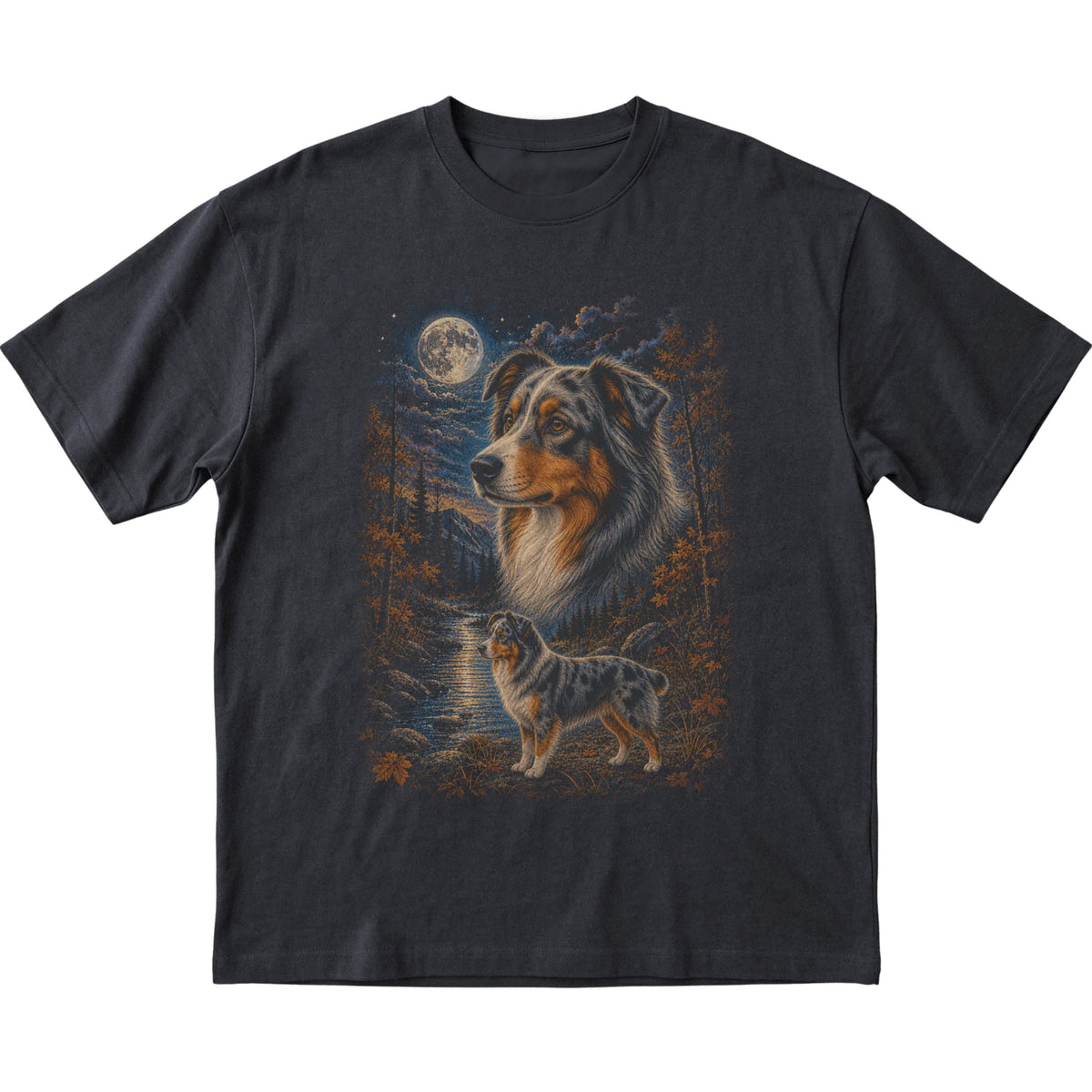 black T-shirt with Australian Shepherd Autumn Moon artwork.