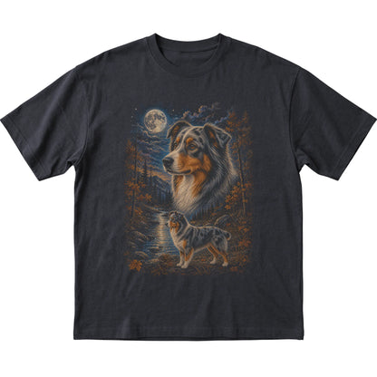black T-shirt with Australian Shepherd Autumn Moon artwork.