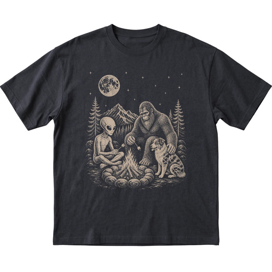 Black Australian Shepherd Camping with Bigfoot and Alien shirt laid flat