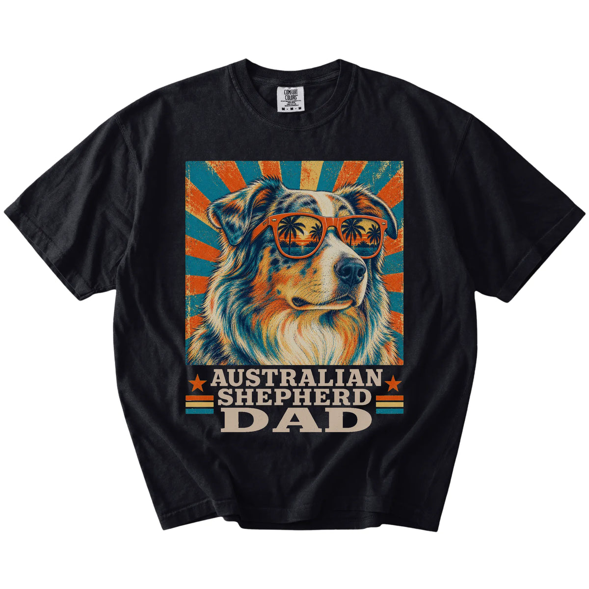 Retro Australian Shepherd Dad design on a Black Comfort Colors T-shirt