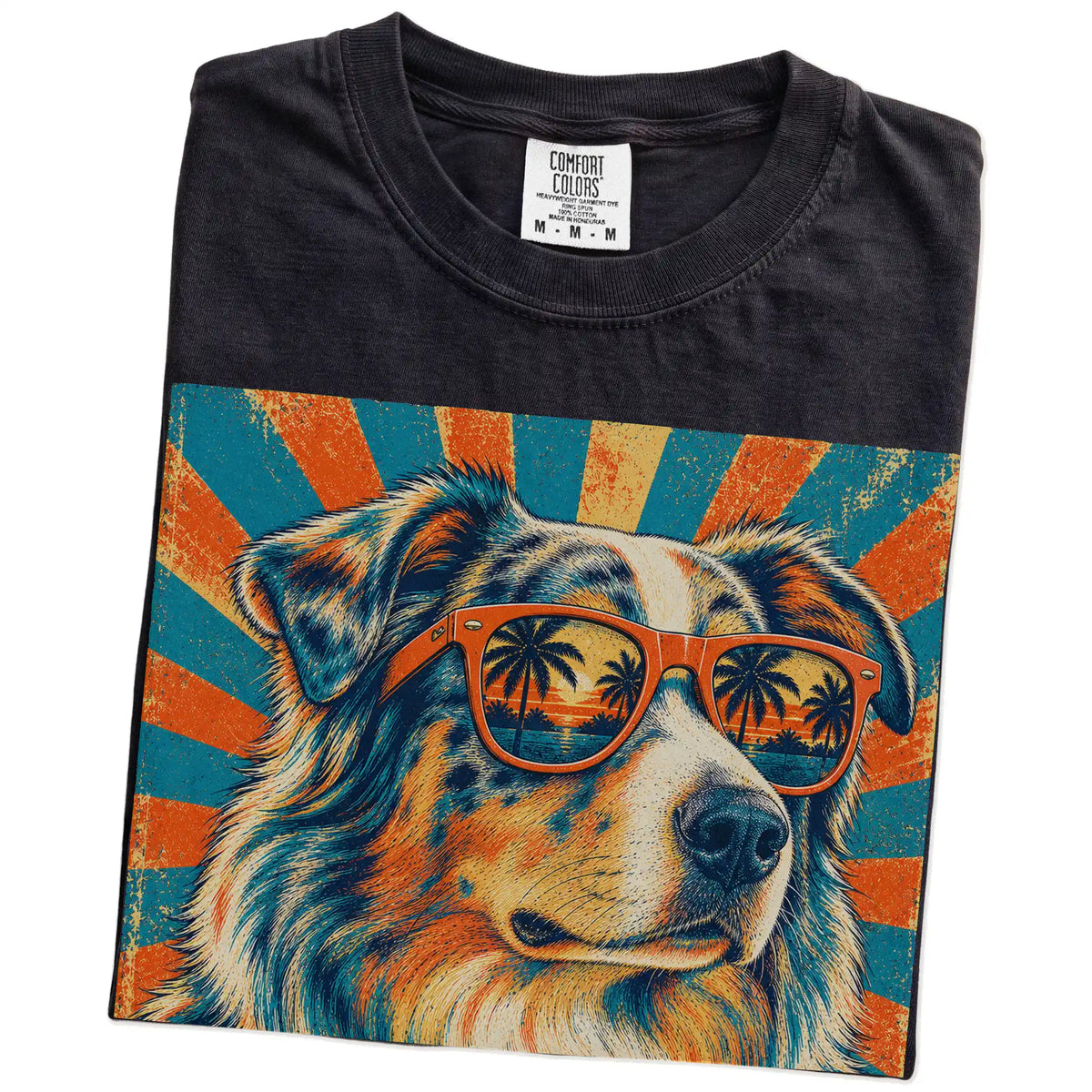 Retro Australian Shepherd Dad design on a Black Comfort Colors T-shirt folded detail