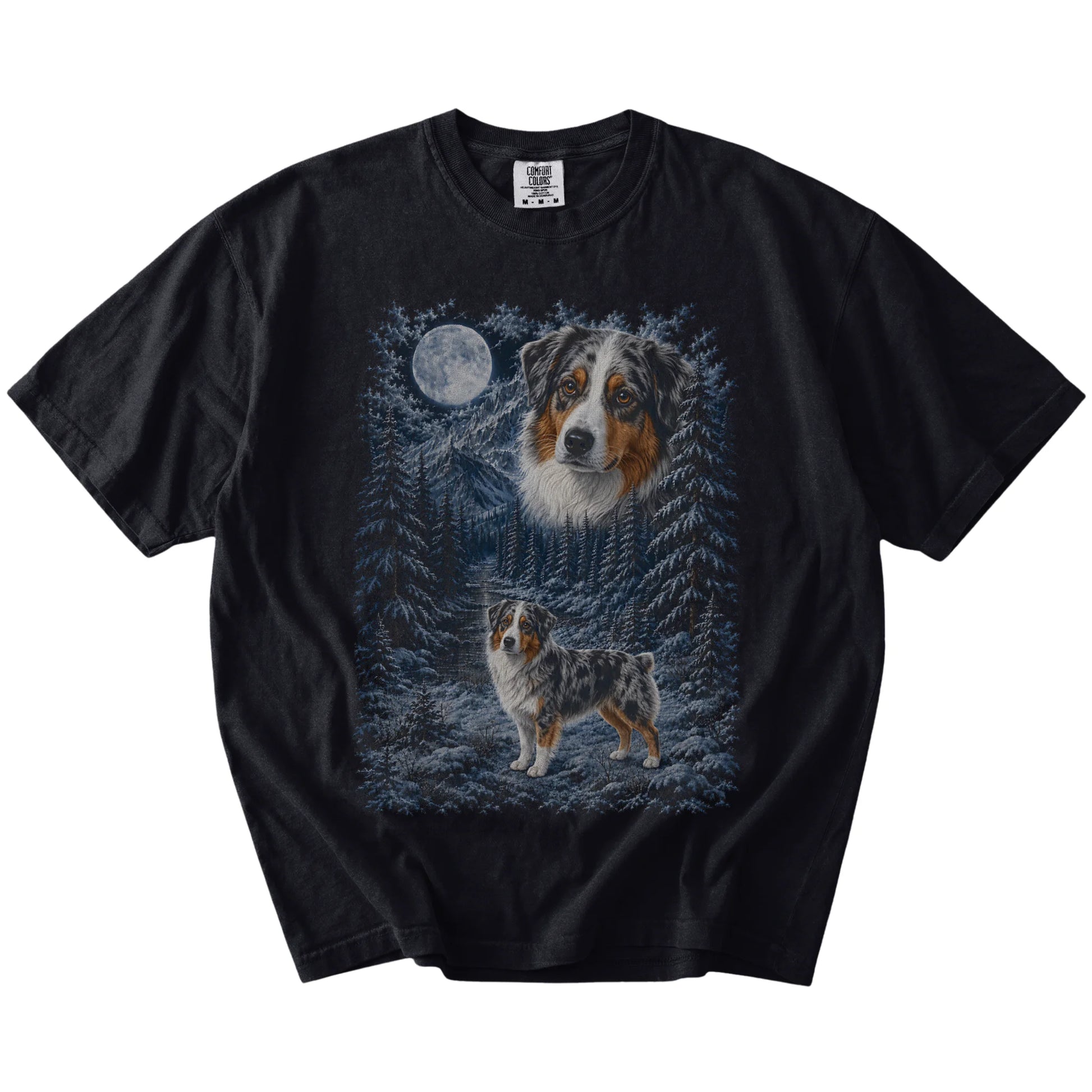 Australian Shepherd in a snowy winter forest on a Black t-shirt