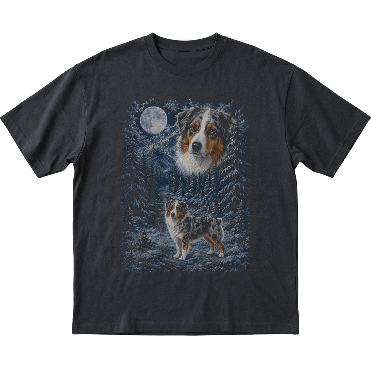 Australian Shepherd Forest Moon T-Shirt in Black