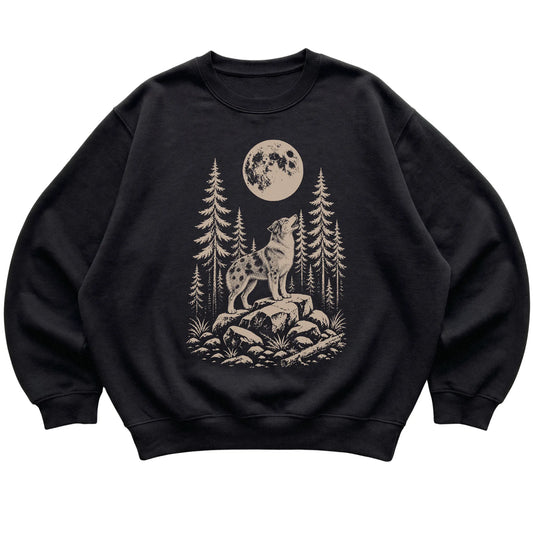 Close view of Australian Shepherd Howling at the Moon artwork on Black crewneck sweatshirt