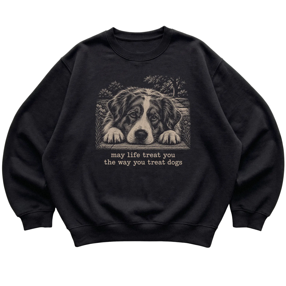 Australian Shepherd Karma crewneck sweatshirt in Black — Flat Lay