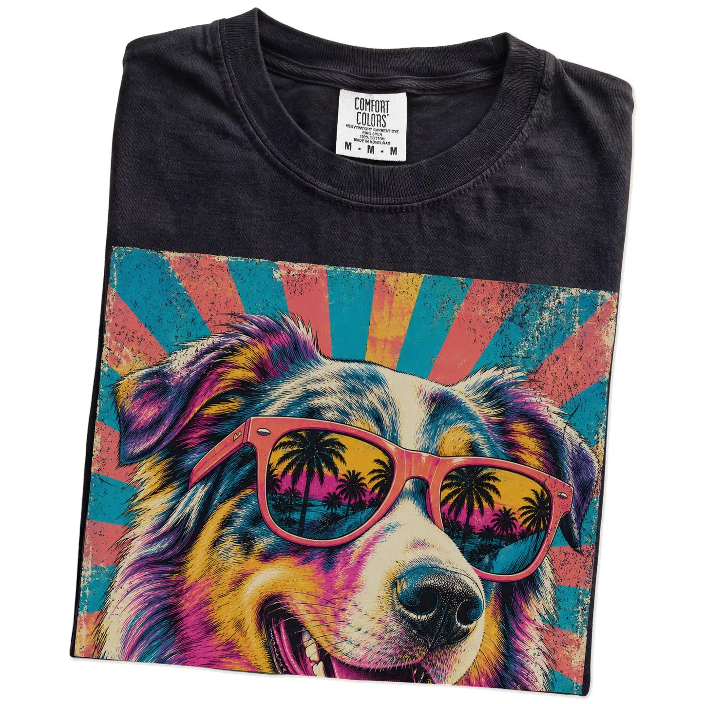 Retro Australian Shepherd Mama design on a Black Comfort Colors T-shirt folded detail