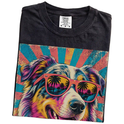 Retro Australian Shepherd Mama design on a Black Comfort Colors T-shirt folded detail