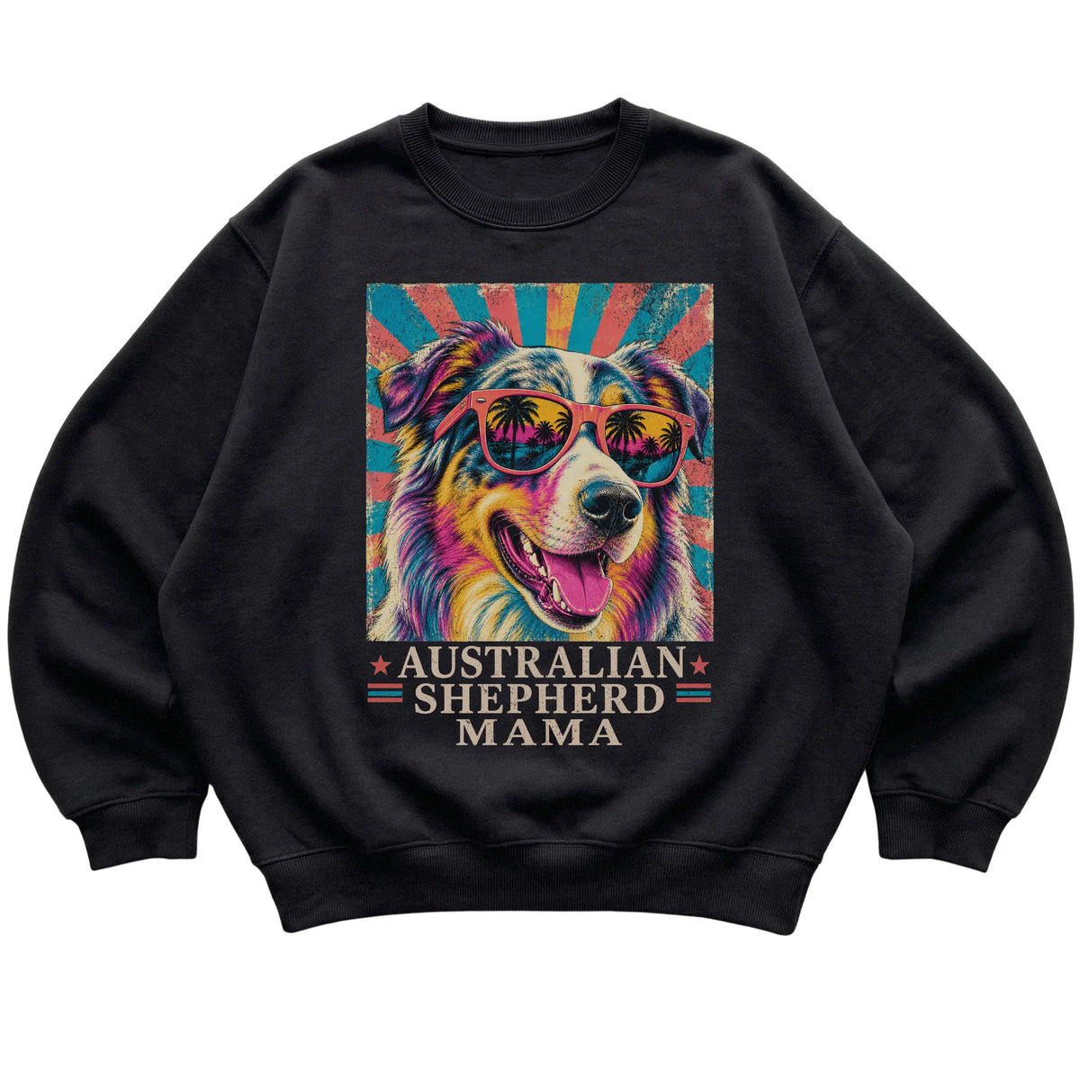 Retro Australian Shepherd Mama design on a Black crewneck sweatshirt
