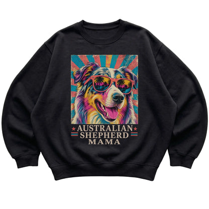 Retro Australian Shepherd Mama design on a Black crewneck sweatshirt