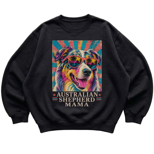 Retro Australian Shepherd Mama design on a Black crewneck sweatshirt