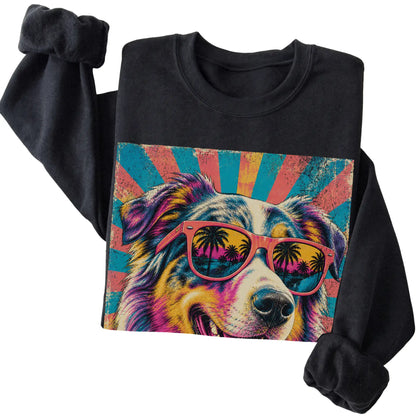 Folded Black crewneck sweatshirt with a Retro Australian Shepherd Mama design