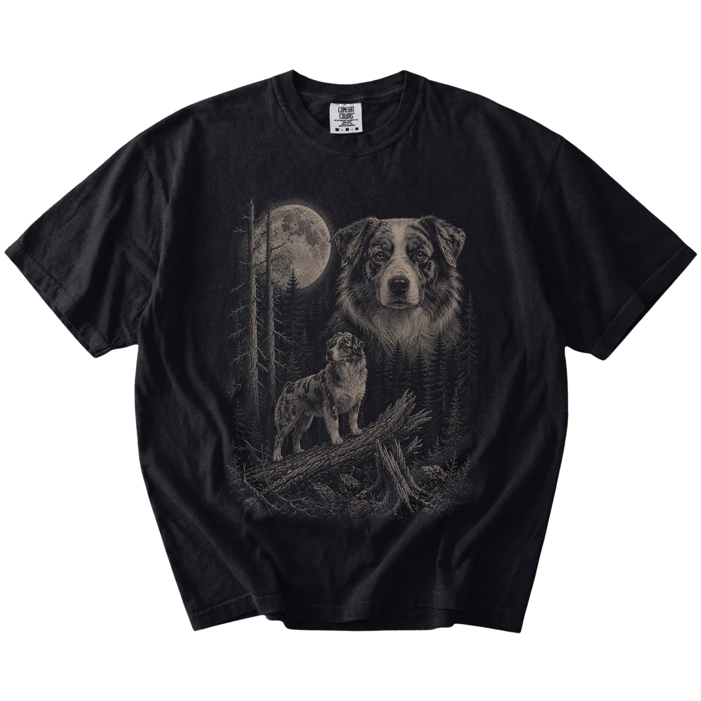 Black Australian Shepherd Moonlit Forest T-Shirt laid flat