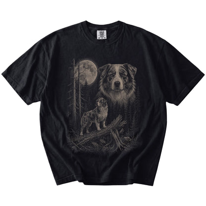 Black Australian Shepherd Moonlit Forest T-Shirt laid flat