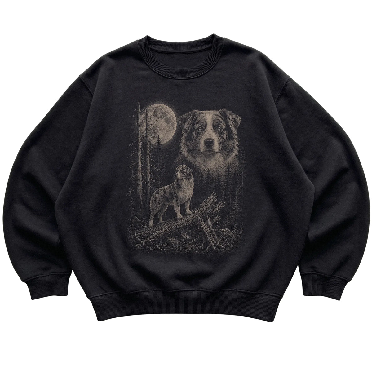 Australian Shepherd Moonlit Forest graphic on a black crewneck sweatshirt laid flat